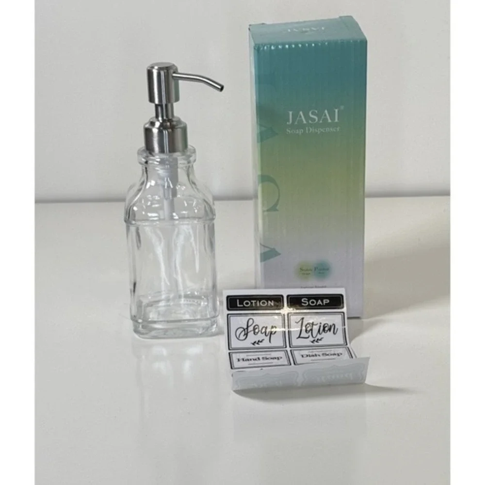 JASAI Antique Square‎ Glass Soap Dispenser 12oz Clear Stainless Steel Pump 81-10